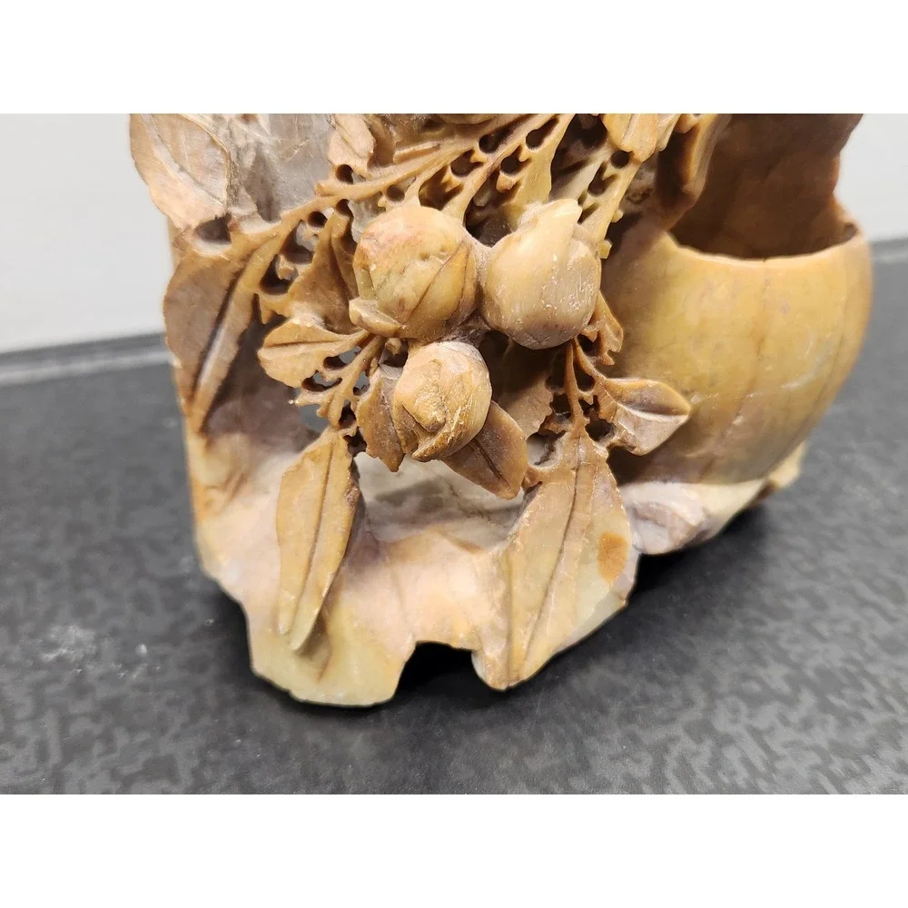 Carved Soapstone Chinese Floral Vase Carving Tan Floral Fruit Vintage Twin Vase
